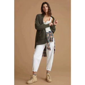 Pilcro Zip-Front Longline Cardigan Olive Green Ribbed Cabin Outdoors Cozy